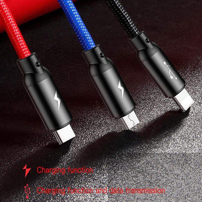 3-in-1 USB Charger Cable for iPhone, Micro USB & Type C Devices
